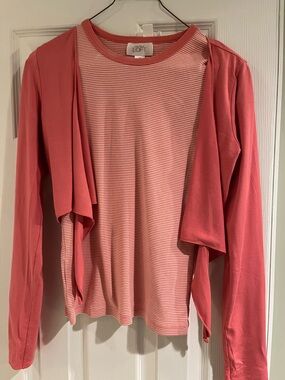 LOFT Coral Pink Layered Short Sleeve Tee with Cardigan Overlay